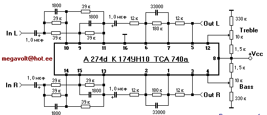 Типовая схема подключения микросхем A 274d, К 174 УН10, TCA 740a