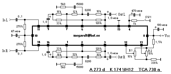 Типовая схема подключения микросхем A 273d, К 174 УН12, TCA 730a
